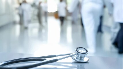 Stethoscope on table with blurred doctors walking in hospital hallway, medical worker holding clipboard, healthcare concept.