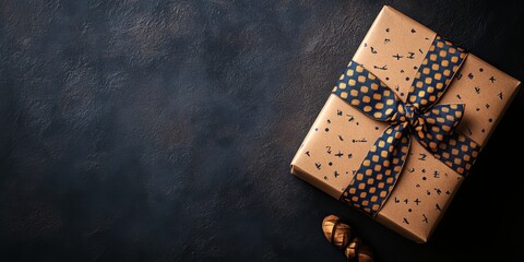 Stylish gift box for birthday holiday or anniversary with tie ribbon on dark background