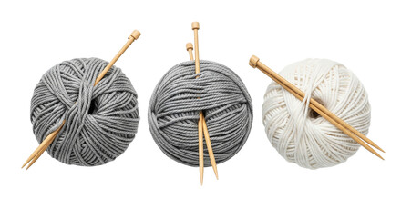 Three Wool Balls Knitting Needles Gray White and Silver Yarn Crafting Supplies Handmade on transparent background