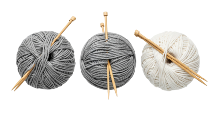 Three Wool Balls Knitting Needles Gray White and Silver Yarn Crafting Supplies Handmade on transparent background