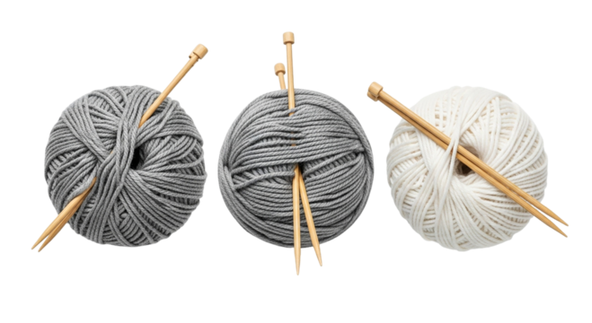 Three Wool Balls Knitting Needles Gray White and Silver Yarn Crafting Supplies Handmade on transparent background