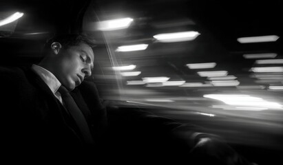 Tired businessman sleeping in a car at night. Black and white photo with blurred city lights outside. Useful for concepts of fatigue, stress, urban life, insomnia, overwork, and modern lifestyle.