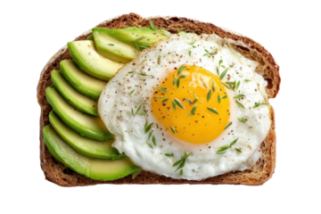 Fried egg and avocado toast on whole wheat bread, isolated on transparent background