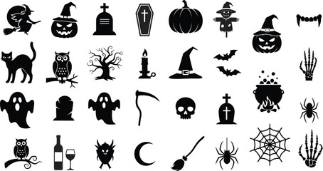  Comprehensive Collection of Spooky Halloween Silhouette Icons and Festive Elements