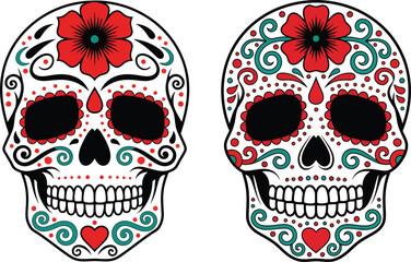 Intricate Mexican Sugar Skulls with Vibrant Floral and Heart Motifs Celebrating Dia de los Muertos Tradition