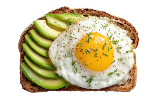 Fried egg and avocado toast on whole wheat bread, isolated on transparent background - Powered by Adobe