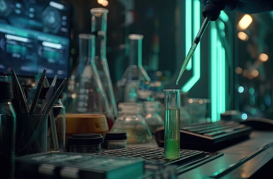 Close-up lab scene, dropper dispensing liquid into test tube.  Neon glow