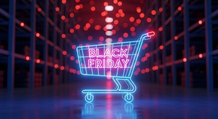 Black friday neon sign in the shape of a shopping cart in a dark, futuristic warehouse with red bokeh lights