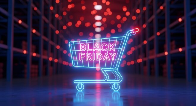 Black friday neon sign in the shape of a shopping cart in a dark, futuristic warehouse with red bokeh lights