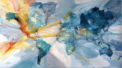 Abstract watercolor of interconnected global economy, trade routes merging into financial hubs, world map with money flow, futuristic financial web.