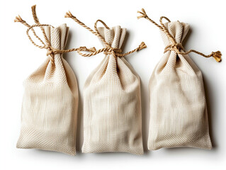 Set of Three Reusable Cotton Mesh Produce Bags Isolated on White Background