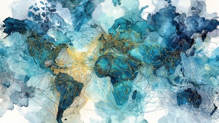 Abstract watercolor of interconnected global economy, trade routes merging into financial hubs, world map with money flow, futuristic financial web.