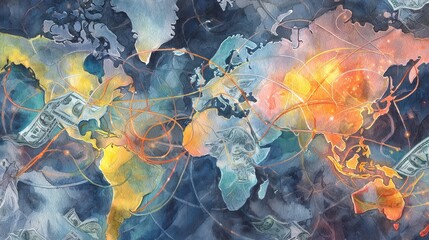Abstract watercolor of interconnected global economy, trade routes merging into financial hubs, world map with money flow, futuristic financial web.