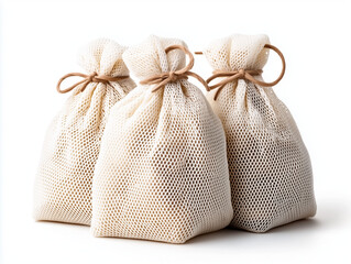 Set of Three Reusable Cotton Mesh Produce Bags Isolated on White Background