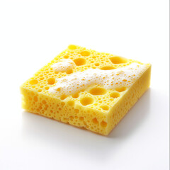 Yellow kitchen sponge with soap suds isolated on white background