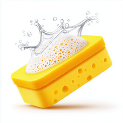 Yellow kitchen sponge with soap suds isolated on white background