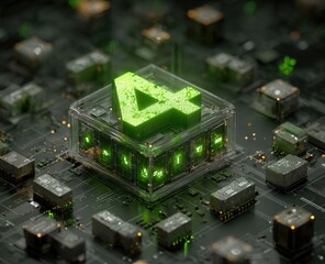 Digit "4"  in glowing green,  inside a transparent cube,  sitting on a complex circuit board