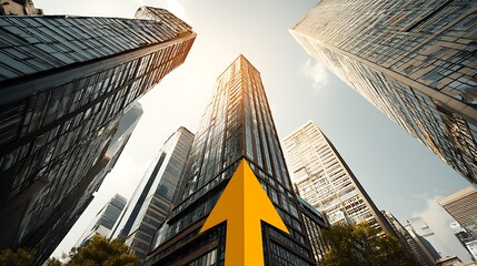 Modern Tall Skyscrapers with Bright Sunlight and Yellow Arrow in Downtown City