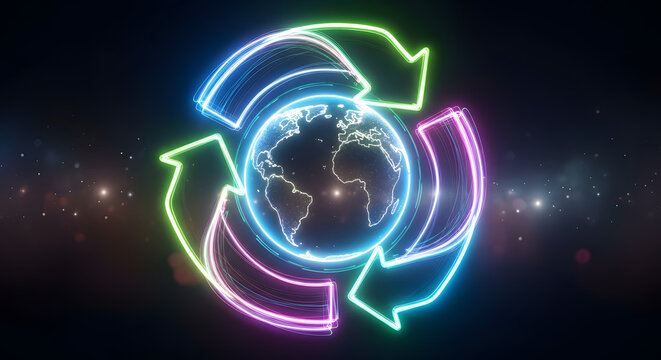 Vibrant neon recycling icon enveloping a glowing Earth, symbolizing global commitment to ecology, green energy, and a sustainable future - Powered by Adobe
