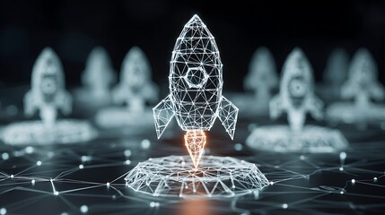 Futuristic Digital Rocket Launch with Neon Wireframe Design and Multiple Rockets in Black Background