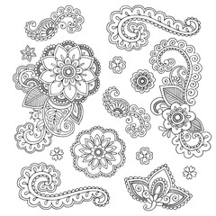 Hand-drawn, seamless black and white floral paisley design with intricate swirls, petals, and flourishes.