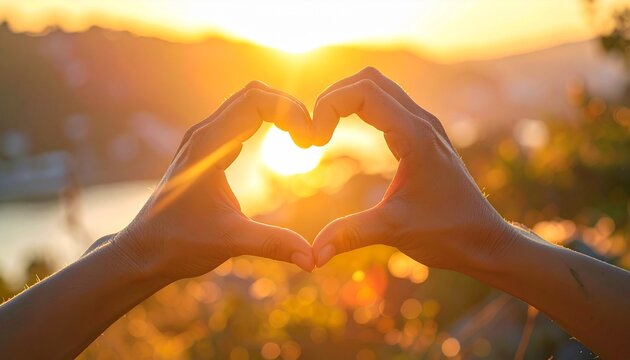 Capturing pure love and joy with hands forming a heart shape against a breathtaking golden sunset, radiating warmth and happiness.