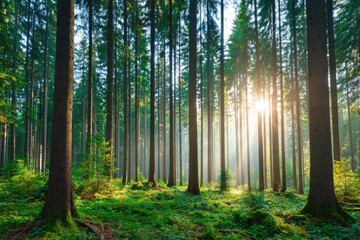 Obraz premium Sunlight streams through a dense evergreen forest. Lush greenery blankets the forest floor. Tall, straight trees form a canopy