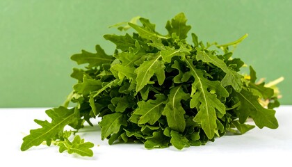 Fresh arugula bunch on white surface with a soft green background