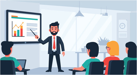 Fototapeta premium Business Presentation and Team: A confident presenter with a dynamic graph on a large screen in a modern office with team attentive during the presentation.