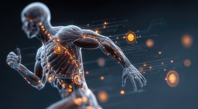 Running anatomical model, glowing skeletal structure, digital overlay