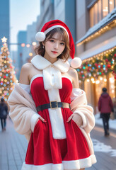A young beautiful girl dressed in Christmas clothes. On the background of a city decorated for Christmas, Christmas tree, meeting,クリスマスの服を着た若い美少女。クリスマスの飾りがされた街中の背景,クリスマスツリー、待ち合わせ
