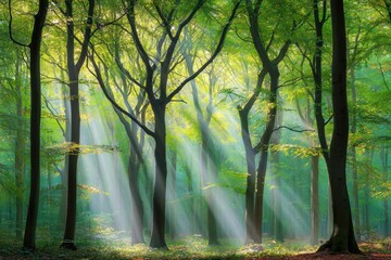 Obraz premium Sunlight streams through a dense forest