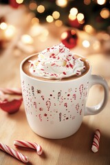 Festive mug of hot chocolate with whipped cream and candy cane toppings