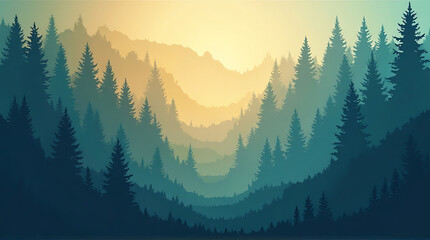 Misty mountain valley scene with dense evergreen forest.
