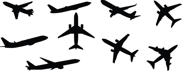 Silhouettes of nine airplanes in various orientations showcasing aviation diversity, aircraft design, and flight perspectives for educational use