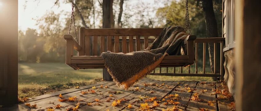 Empty Porch Swing in Autumn Background. This background evokes feelings of comfort, home, and quiet reflection during the fall season.