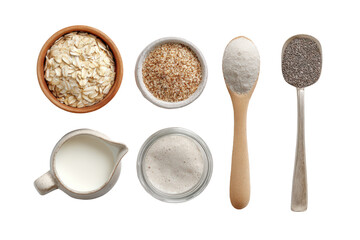 Overhead view of oatmeal, chia seeds, flax seeds, sugar, and milk in bowls and spoons isolated on transparent background