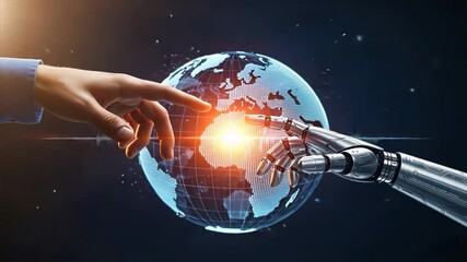 A human hand and robotic arm almost touch in front of glowing digital globe showing industry 5.0 theme, industry 5.0, manufacturing 5.0, 5.0 technology - Powered by Adobe