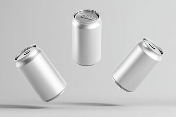 Three silver aluminum beverage cans levitate against a plain light gray background