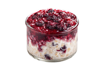 Healthy overnight oats with mixed berries and creamy yogurt in a glass jar, isolated on transparent background