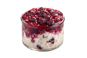 Healthy overnight oats with mixed berries and creamy yogurt in a glass jar, isolated on transparent background