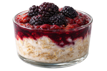 Overnight oats with mixed berries and blackberries in a glass bowl, isolated on transparent background