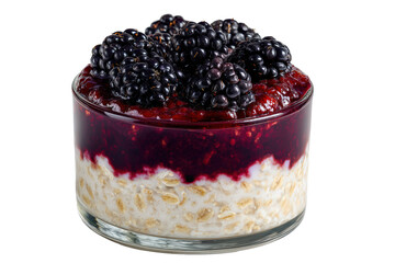 Overnight oats with blackberries and berry compote in a glass jar, isolated on transparent background