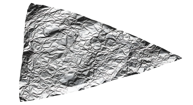 Crinkled textured metallic silver foil triangle shape isolated on transparent background