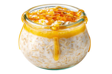 Overnight oats with honey and granola in a glass jar, isolated on transparent background