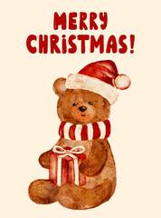Christmas greeting card. Watercolor teddy bear wearing Santa hat wishes Merry Christmas.