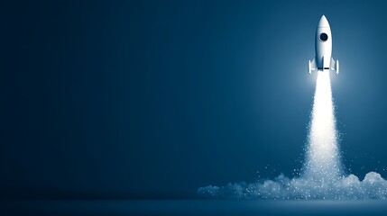 White Rocket Launching Into Dark Blue Sky with Smoke Trail