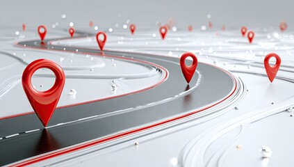 Abstract map with red location markers on a winding road