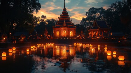 Fototapeta premium Beautiful traditional Asian temple illuminated at dusk with glowing lanterns reflecting on water creating serene and peaceful evening scene with lush trees in background