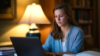 A female student at home attending an online class laptop open on desk with study materials around cozy lamp light highlighting concentration scene symbolizing e learning